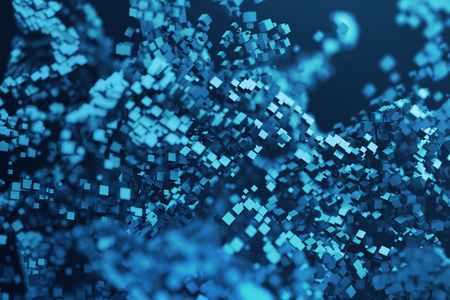 Abstract 3d rendering of chaotic particles. Flying cubes in empty space. Dynamic shape. Futuristic background with bokeh, depth of field effect. Design for poster, banner, placard.の写真素材