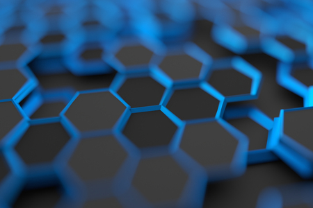 Abstract 3d rendering of futuristic surface with hexagons. Contemporary sci-fi background with bokeh effect. Poster design.の写真素材