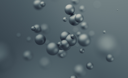Abstract 3d rendering of chaotic spheres. Flying particles in empty space. Dynamic shape. Futuristic background with bokeh, depth of field effect. Design for poster, banner, placard.の写真素材