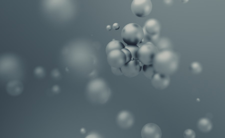 Abstract 3d rendering of chaotic spheres. Flying particles in empty space. Dynamic shape. Futuristic background with bokeh, depth of field effect. Design for poster, banner, placard.の写真素材