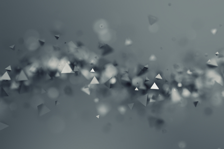 Abstract 3d rendering of chaotic low poly shapes. Flying polygonal pyramids in empty space. Futuristic background with bokeh effect. Poster design.の写真素材