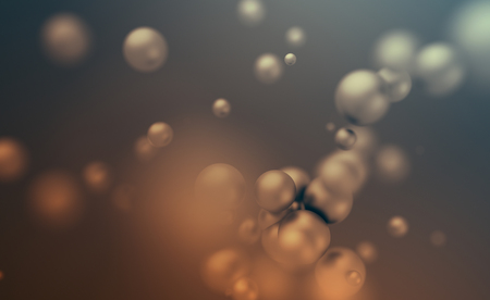 Abstract 3d rendering of chaotic spheres. Flying particles in empty space. Dynamic shape. Futuristic background with bokeh, depth of field effect. Design for poster, banner, placard.の写真素材