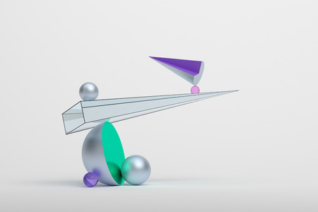 Abstract 3d rendering of geometric shapes. Surreal composition. Balance concept. Modern background design for poster, cover, branding, banner, placard.の写真素材