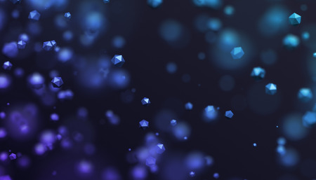 Abstract 3d rendering of chaotic low poly particles. Flying polygonal spheres in empty space. Futuristic background with bokeh effect. Poster design.の写真素材