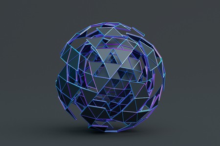 Abstract 3d rendering of polygonal sphere. Geometric shape, futuristic modern background design for poster, cover, branding, banner, placard.の写真素材
