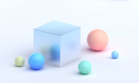 Abstract 3d render, modern geometric background design, composition of cube and colorful spheresの写真素材