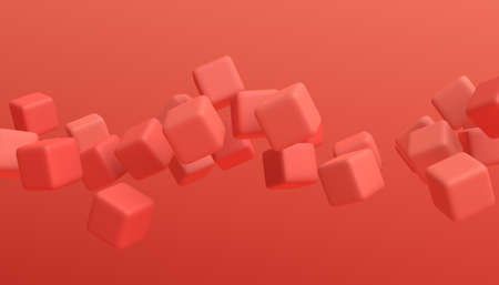 Abstract 3d render, geometric composition, red background design with cubesの写真素材