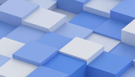 Abstract 3d render, geometric composition, background design with blue and white cubesの写真素材