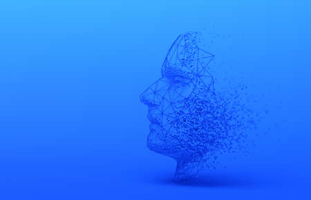 Abstract human face, 3d illustration of a head constructing from cubes and triangles, artificial intelligence conceptの写真素材