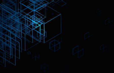 Abstract 3d render, futuristic background design with blue wireframed shape