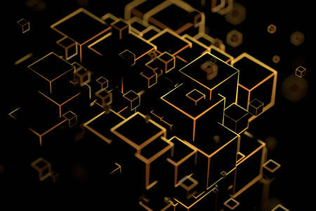 Abstract 3d render, futuristic background design with wireframed cubes