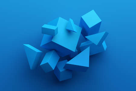 Abstract 3d render, geometric composition, blue background design with cubesの写真素材