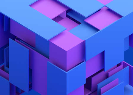 Abstract 3d render, geometric composition, blue and purple background designの写真素材