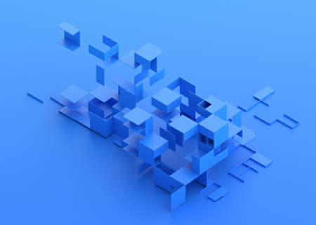 Abstract 3d render, geometric composition, blue background design with cubesの写真素材