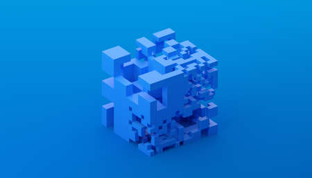 Abstract 3d render, geometric composition, blue background design with cubesの写真素材