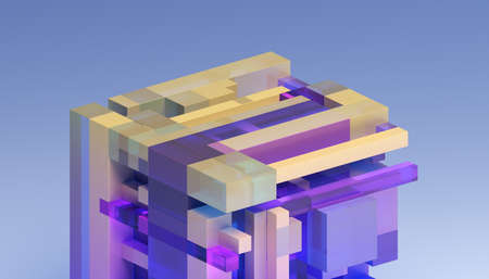 Abstract 3d render, geometric composition, yellow and purple background designの写真素材