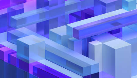 Abstract 3d render, blue and purple geometric composition, background designの写真素材
