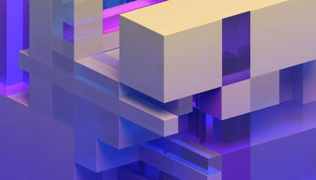 Abstract 3d render, geometric composition, yellow and purple background designの写真素材