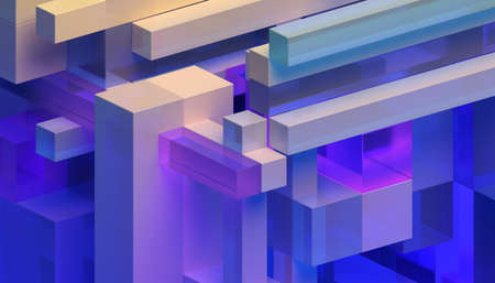Abstract 3d render, geometric composition, yellow and purple background designの写真素材