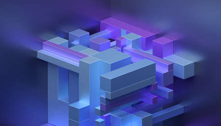 Abstract 3d render, blue and purple geometric composition, background designの写真素材