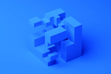 Abstract 3d render, geometric composition, blue background design