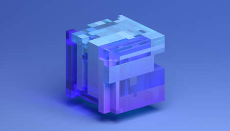 Abstract 3d render, blue and purple geometric composition, background designの写真素材