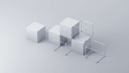Abstract 3d render, geometric composition, white background design with cubesの写真素材