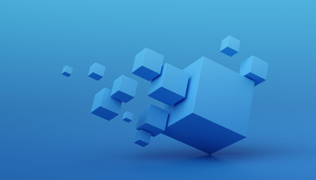 Abstract 3d render, geometric composition, background design with blue cubesの写真素材