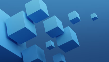 Abstract 3d render, geometric composition, background design with blue cubesの写真素材