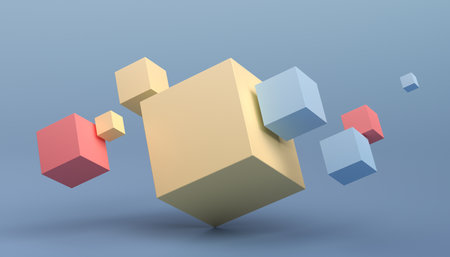 Abstract 3d render, geometric composition, background design with colorful cubesの写真素材