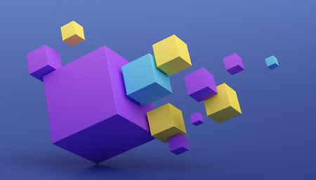 Abstract 3d render, geometric composition, background design with colorful cubesの写真素材