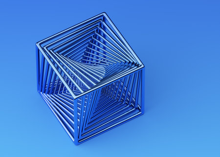 Abstract 3d render, geometric design of a blue cubeの写真素材
