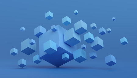 Abstract 3d render, geometric composition, background design with blue cubesの写真素材