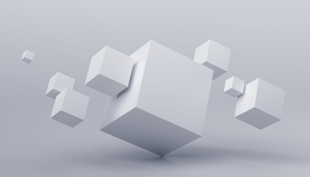 Abstract 3d render, geometric composition, background design with white cubesの写真素材
