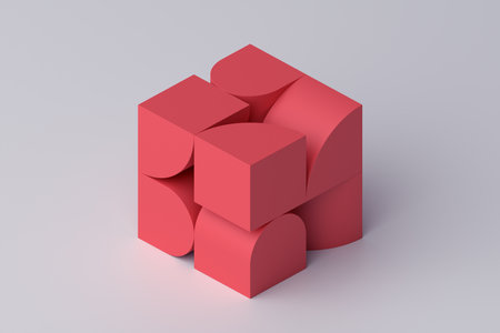 Abstract 3d render, red cube shape, geometric designの写真素材