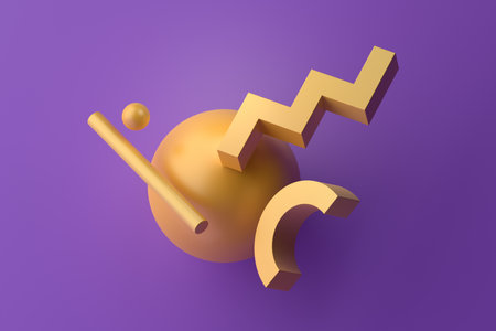 Abstract 3d render, yellow and purple minimalist geometric compositionの写真素材