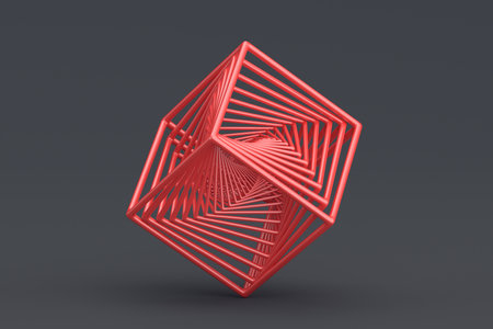 Abstract 3d render, geometric design of a red cubeの写真素材