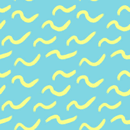 Seamless blue background with yellow ornament, geometric shapes, brush strokes.