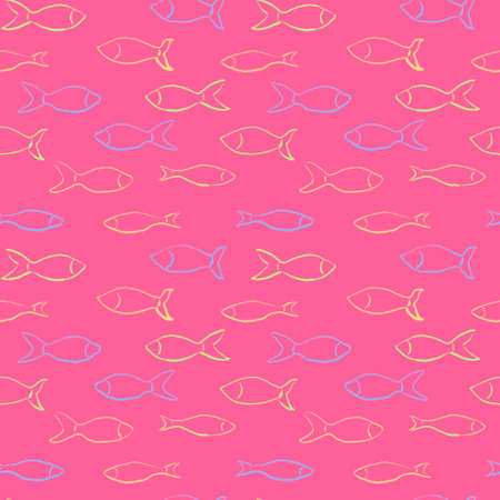 Seamless pink background with blue, yellow, green fish.の写真素材