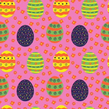 Vector colored easter eggs seamless pattern for Easter holidays on pink background. Patterns, flowers, lines, dots, stars. Vector illustration. EPS 10のイラスト素材