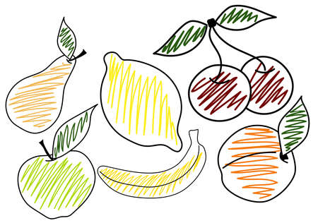 Cute bright colors of fruits vector collections. Set of fruits are apple, lemon, banana, pear, cherries. Available in eps10.のイラスト素材