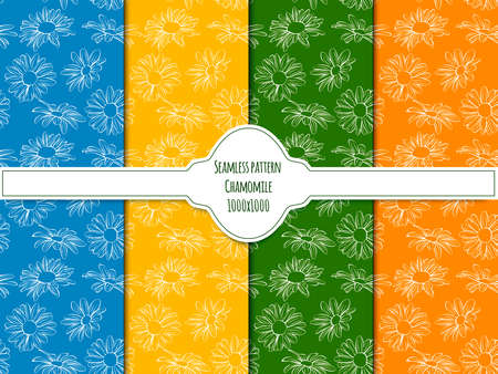 A set of seamless background with daisies. Line drawing and white contour on color backgrounds. Lines have different widths. vector graphics, 1000x1000.のイラスト素材