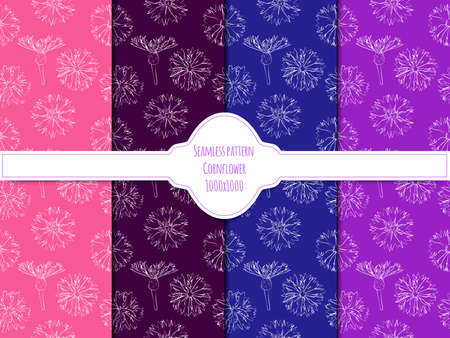 A set of seamless background with cornflowers. Line drawing and white contour on color backgrounds. Lines have different widths. vector graphics, 1000x1000.のイラスト素材