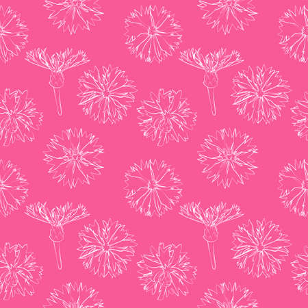 A set of seamless background with cornflowers. Line drawing and white contour. Lines have different widths. vector graphics, 1000x1000.のイラスト素材
