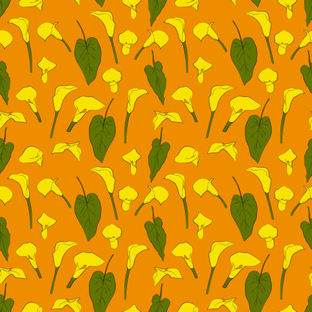 A set of seamless background with leaves, flowers. Color and line drawing. Lines have different widths. Calla lilies. vector graphics, 1000x1000.のイラスト素材