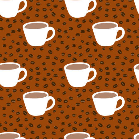 A set of vector endless pattern of white mugs and coffee beans on a background. The coffee concept.のイラスト素材