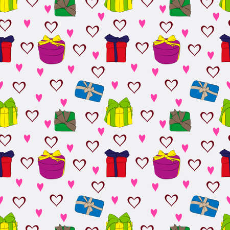 Set of gift seamless patterns with boxes, bows and hearts. vector graphics.のイラスト素材