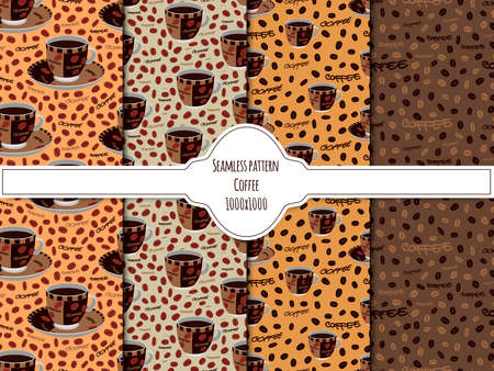 A set of vector endless pattern of mugs and coffee beans on a background. The coffee concept.のイラスト素材