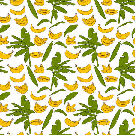 A black and white set of seamless patterns of bananas, leaves and fruits, 1000x1000 pixels.のイラスト素材