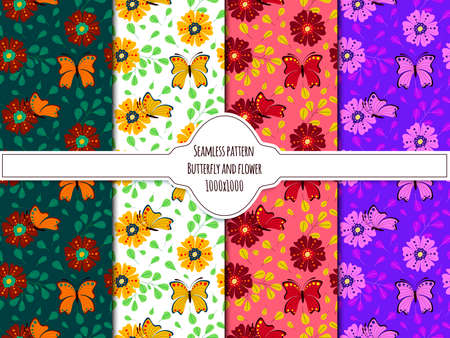 Set of seamless patterns with butterflies and flowers. Doodle style. vector graphics.のイラスト素材